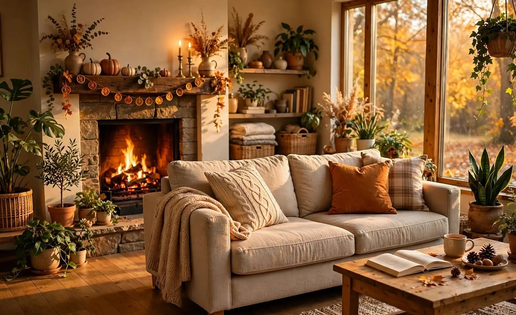 Living room, fireplace and sofa